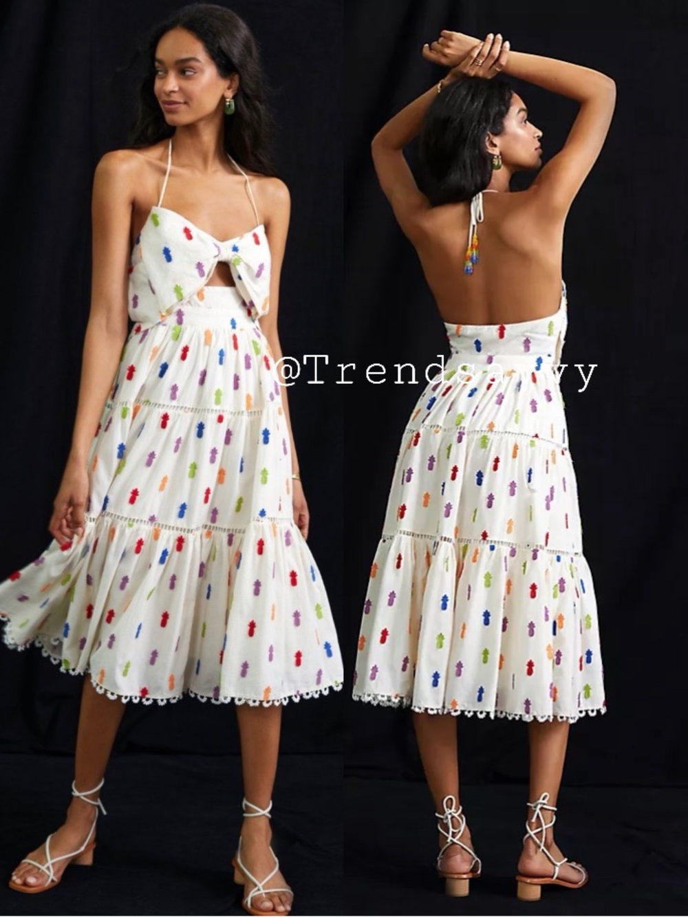 Anthropologie Farm Rio Pineapple Open Back Midi Dress White Size XS NWT Cotton